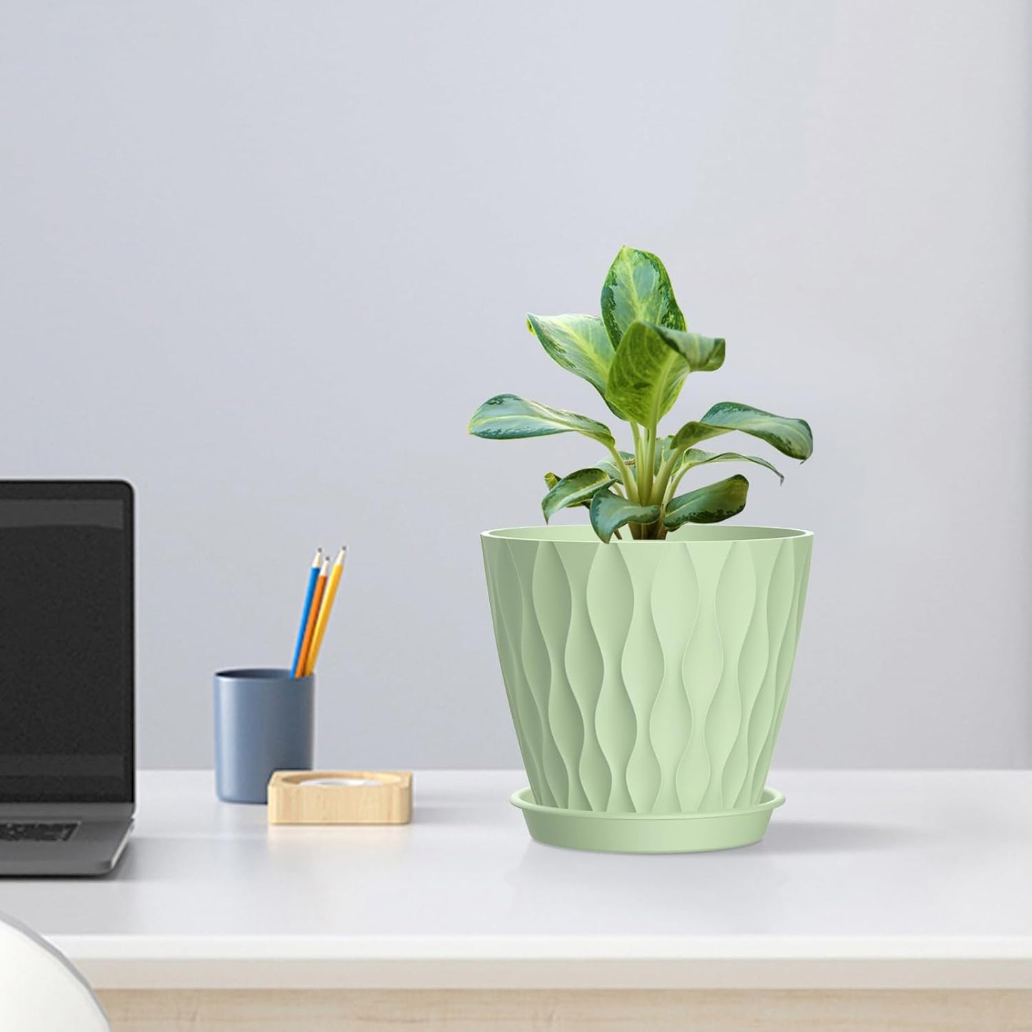 6 inch Plant Pots, 5 Set Water Ripples Flower Pots for Indoor Outdoor Plants, Plastic Planters with Drainage Holes and Saucers, Nursery Pots for Small Succulent Garden House Plants, Green