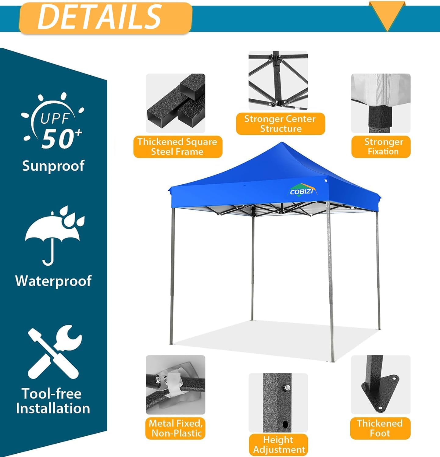 COBIZI 6.6x6.6 Pop Up Canopy Without Sidewall,Heavy Duty Canopy UPF 50+ All Season Wind Waterproof Commercial Outdoor Party Tents for Parties Canopy Gazebo with Storage Bag(6.6 x 6.6 ft Blue)