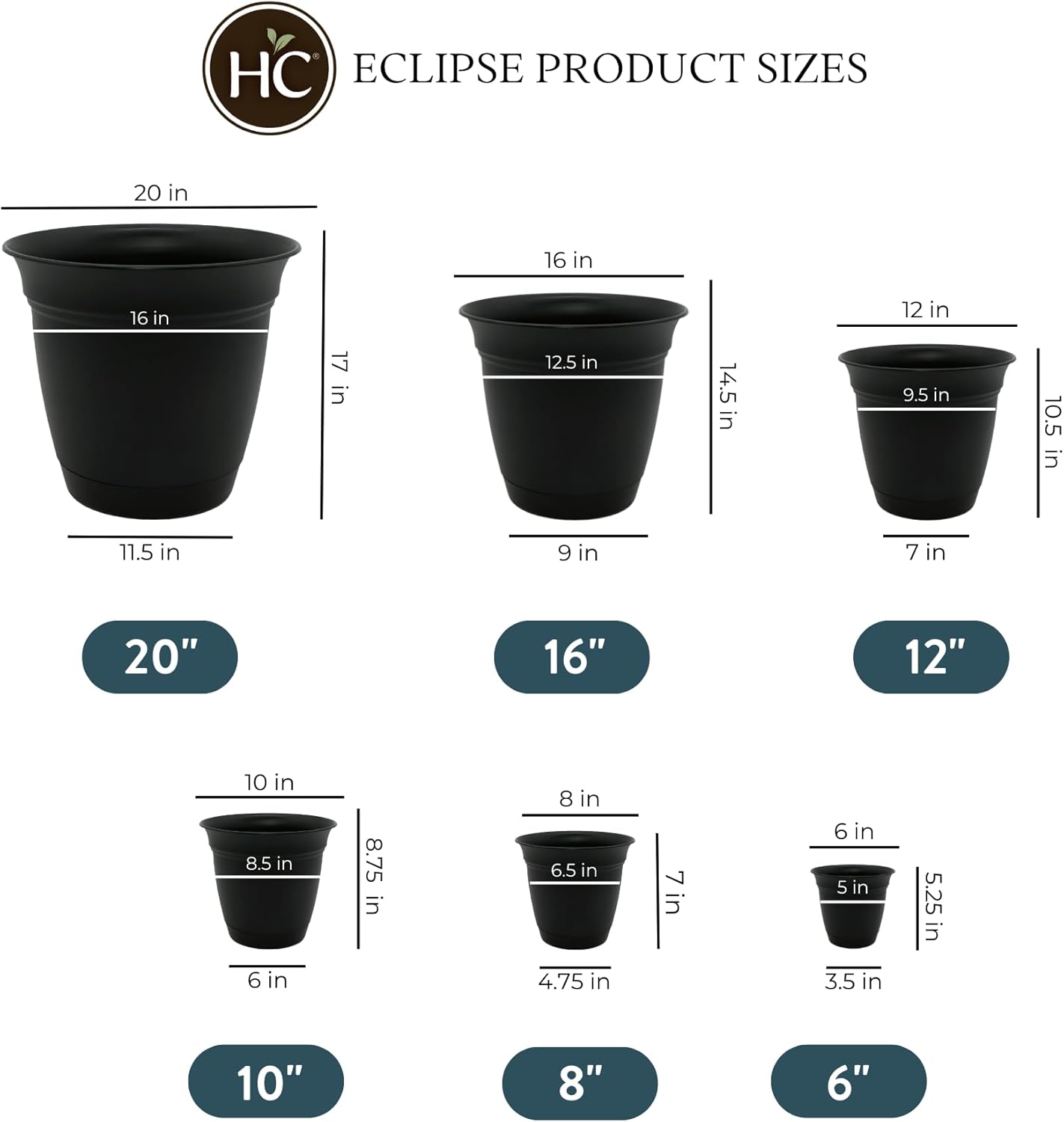 The HC Companies Eclipse Round Planter with Saucer - Outdoor & Indoor Plant Pot with Drainage Holes - Lightweight, UV-Resistant Plastic Pots for Plants, Flowers & Herbs (20" Black, Pack of 1)
