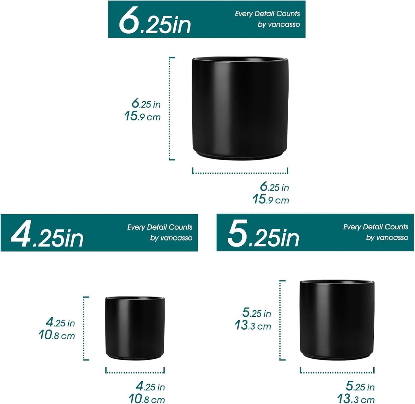 vancasso Ceramic Plant Pots, 4.25+5.25+6.25 Inch Planter Pot with Drainage Hole, Flower Pots for Indoor Outdoor Plants, Set of 3, Black