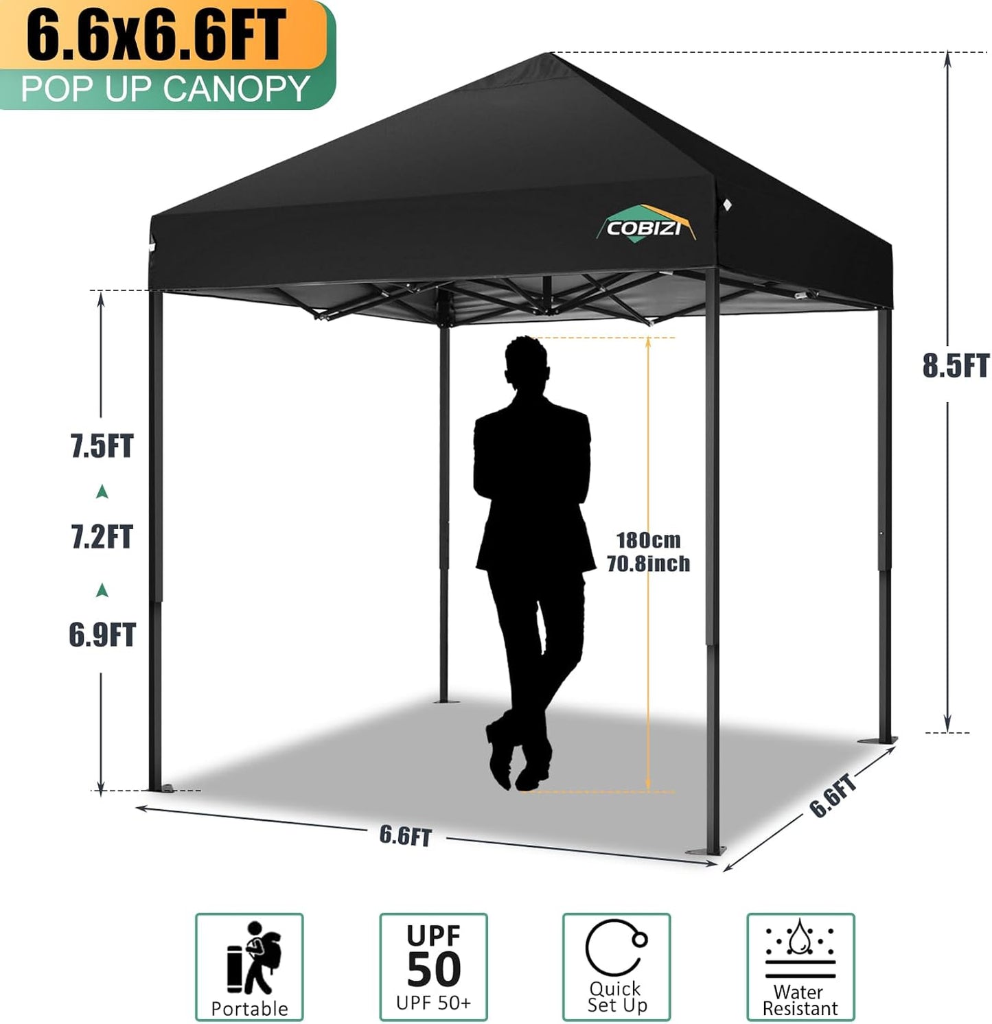 COBIZI 6.6x6.6ft Pop Up Canopy Tent, Heavy Duty Canopy Easy Set up All Weather Waterproof Outdoor Canopy Tent for Parties, Beach, Garden, Camping with 1 Handbag, 3 Adjustable Heights, UPF50+, Black
