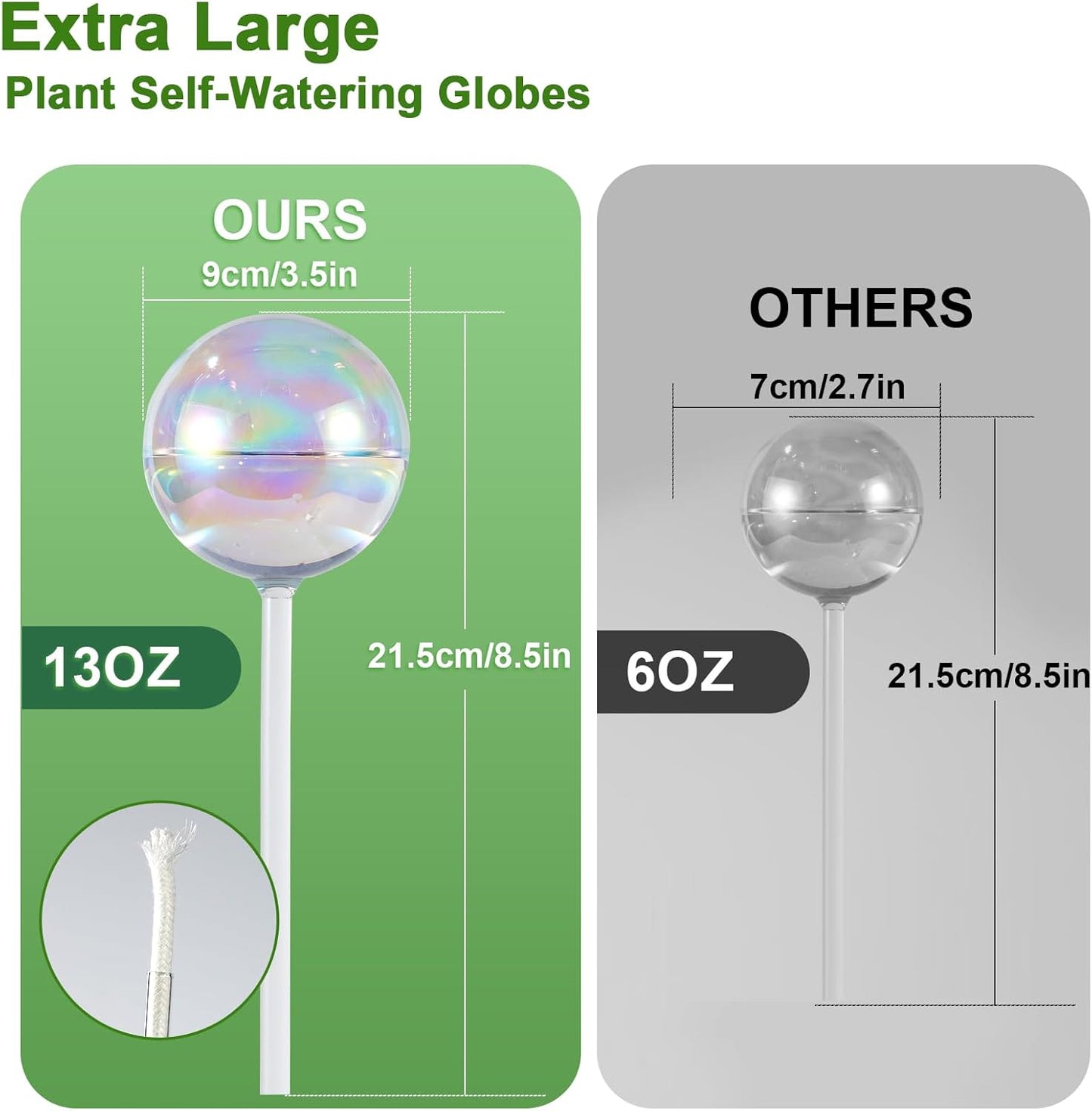 Extra Large Plant Watering Globes 2PCS, 13 oz Up to 15 Days Light Iridescent Glass Self Water Bulbs for Indoor Outdoor Plants, Vacation Automatic Planter Waterer System Self-Watering Stakes