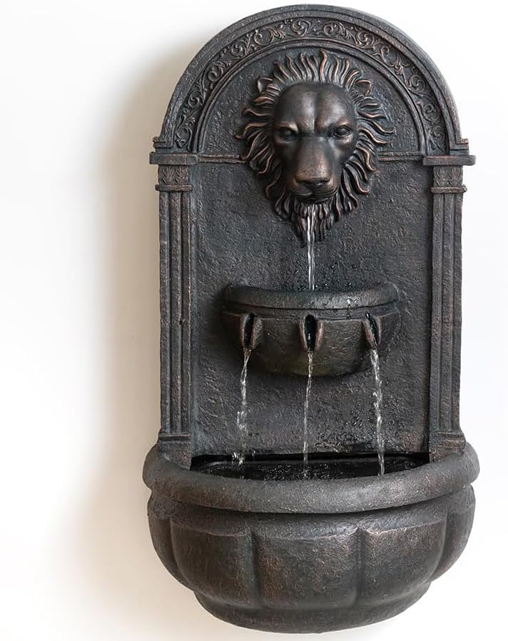 Lion Head Wall Fountain – Outdoor/Indoor Wall-Mounted Waterfall Fountain with LED Lights, Decorative Stone Resin Lion Statue for Garden, Patio, Yard, Modern Wall Decor(Bronze Color)
