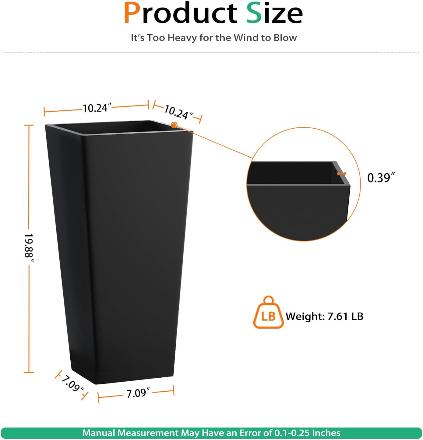 Resin Planter Outdoor Indoor, Taper Plant Pots for Flowers (Black, 20 inch - 2 Pack)