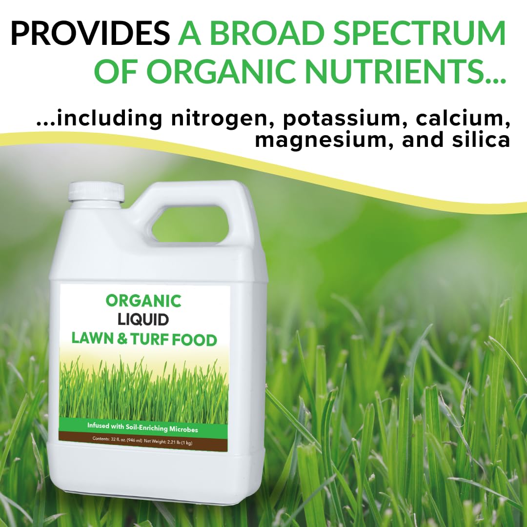 Organic Liquid Lawn & Turf Food - Quickly Rejuvenates Lawn Health and Restores Rich Green Colors to Depleted Grass | Infused with Soil Enriching Microbes (32oz - 2 Pack, Treats Up to 10,000 Sq. Feet)