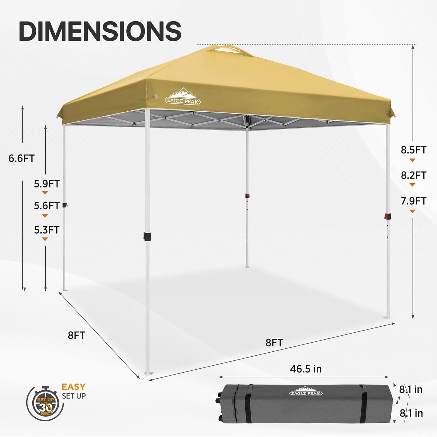 EAGLE PEAK Pop Up Canopy Tent with Wheeled Carry Bag, 8 Stakes, 4 Ropes, Easy Set Up Tent Canopy, 8x8 ft, Beige