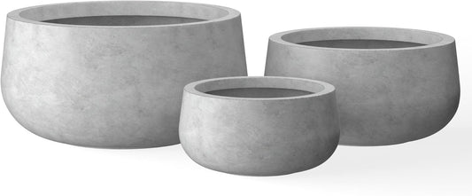 Kante 19.6",15.7",11.8" Dia Round Concrete Planters Set of 3, Outdoor Indoor Garden Plant Pots with Drainage Hole and Rubber Plug, Modern Curvaceous Design, Natural Concrete