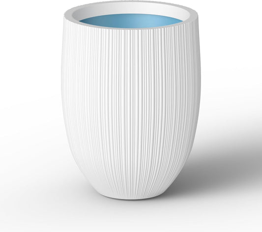 Kante Round Fluted Concrete Planter, 16.9-Inch Dia Barrel-Style Pot with Drainage Hole, White Finish with Aqua Blue Interior, 13.7" Opening, for Indoor and Outdoor Use