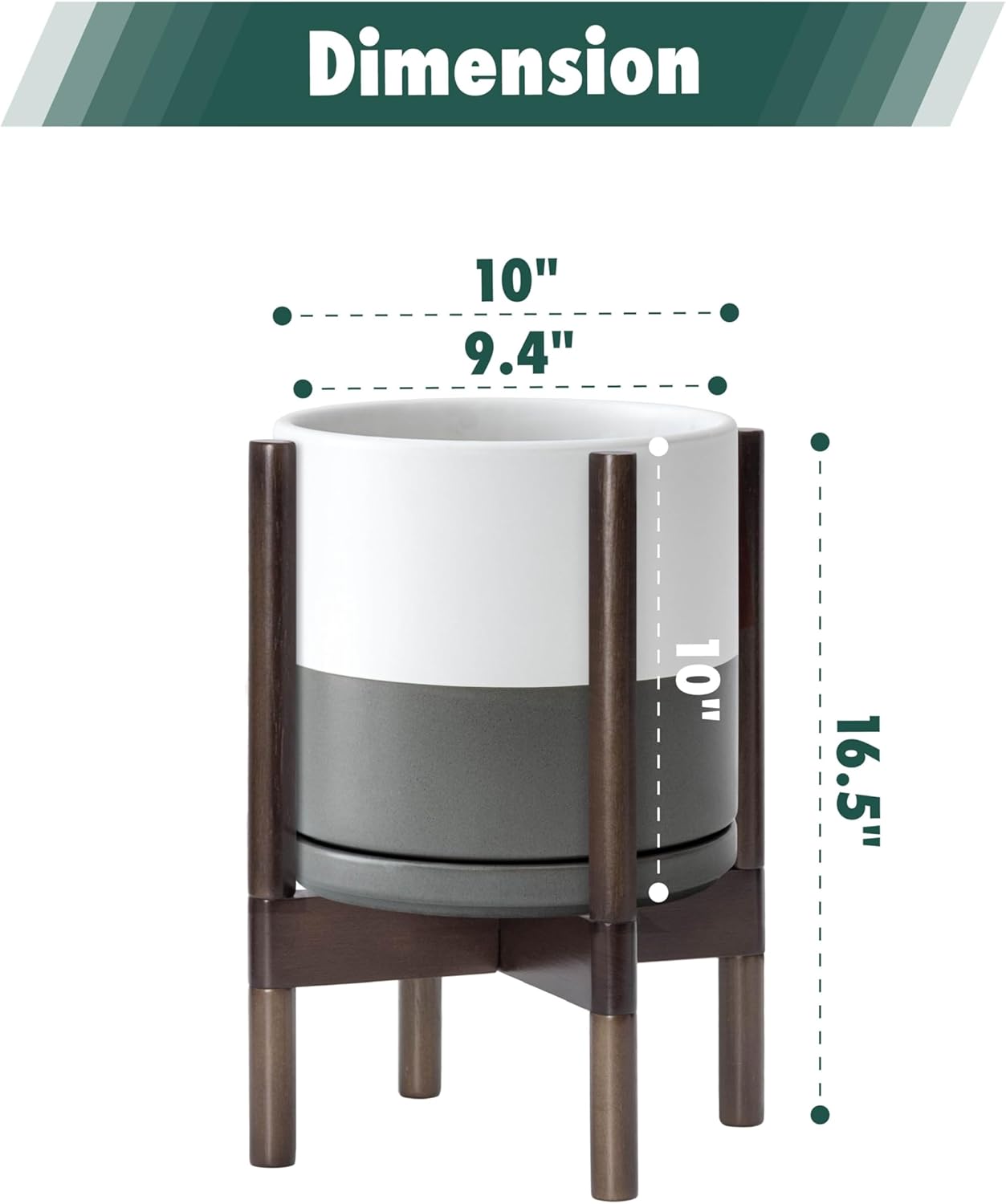 D'vine Dev Ceramic Planter with Walnut Color Stand - 10 Inch Modern Round Flower Pot with Wood Planter Holder, White/Grey, 55-B-X-6