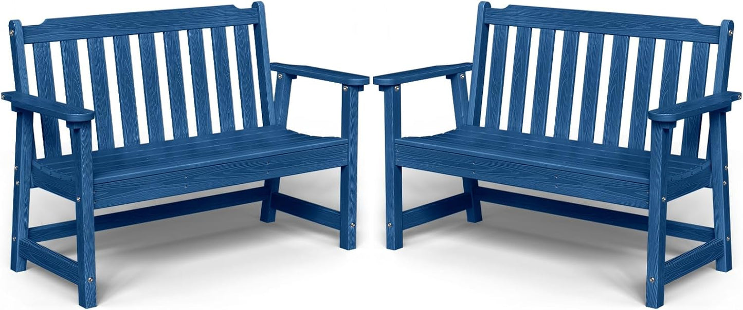 Outdoor Bench, 2-Person HDPE Garden Bench, All Weather Poly Patio Bench for Outdoors, Garden, Backyard, Porch and Park, 660 lbs Weight Capacity, Navy Blue, 2 Pack