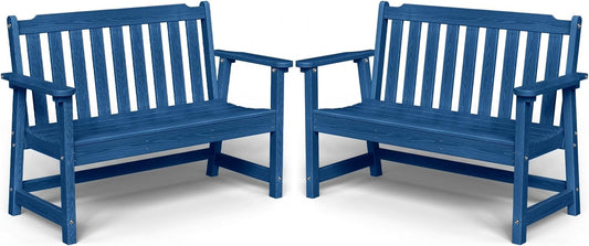 Outdoor Bench, 2-Person HDPE Garden Bench, All Weather Poly Patio Bench for Outdoors, Garden, Backyard, Porch and Park, 660 lbs Weight Capacity, Navy Blue, 2 Pack