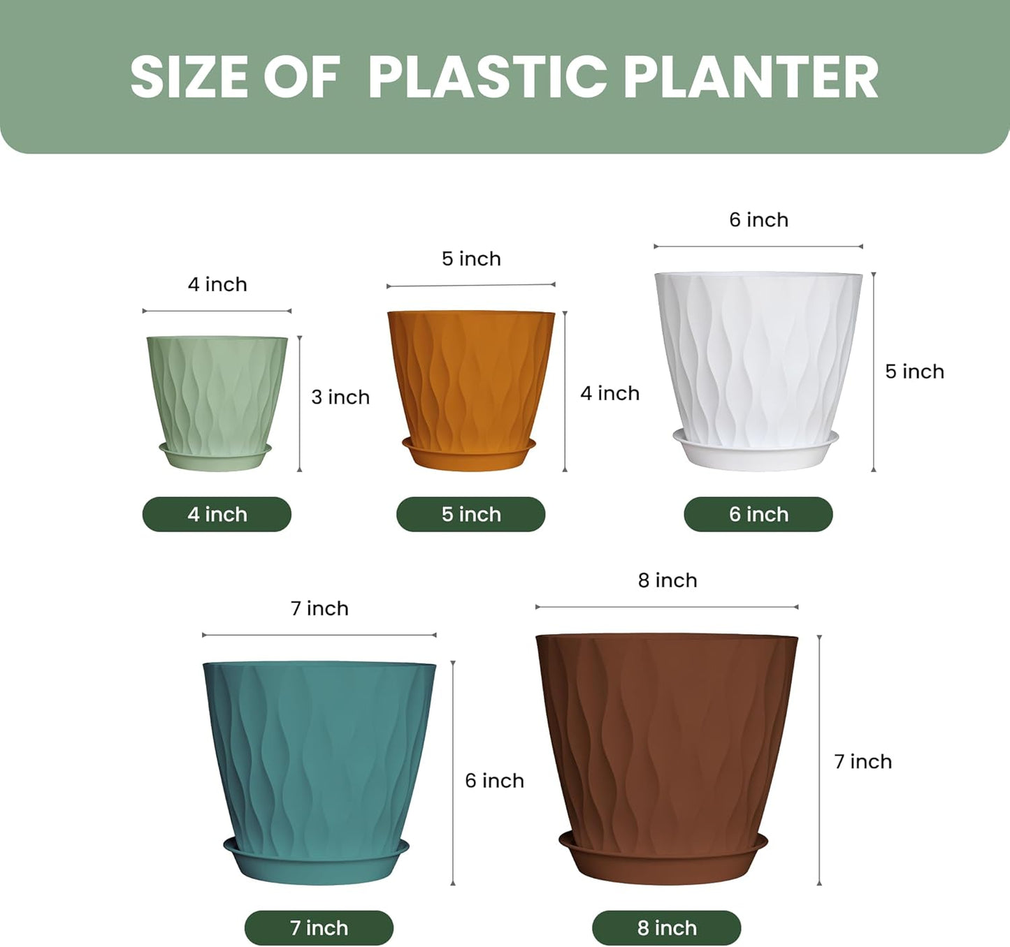 Plastic Plant Pots with Drainage Holes and Saucers, 8/7/6/5/4 Inches Garden Plant Flower Pots for Indoor Planter, 5 Pack Nursery Planting Pot for Indoor & Outdoor House Plants (Multicolor, 8/7/6/5/4)