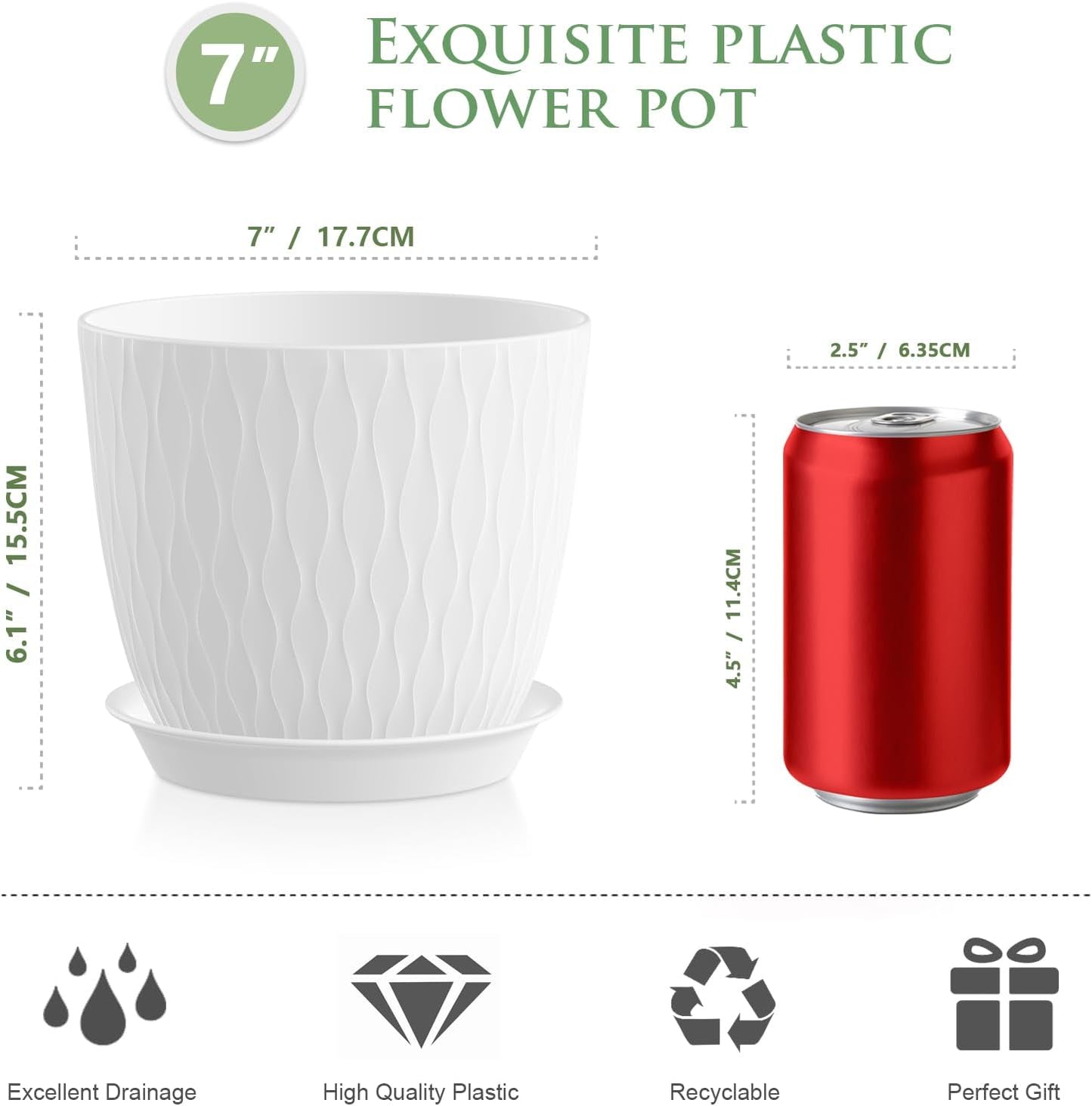 7 inch Plant Pots, 5 Pack Flower Pots with Drainage Holes and Saucers for Indoor Plants, Plastic Planters with Water Ripple for Small Garden House Plants, Nursery Pots for Succulent, White