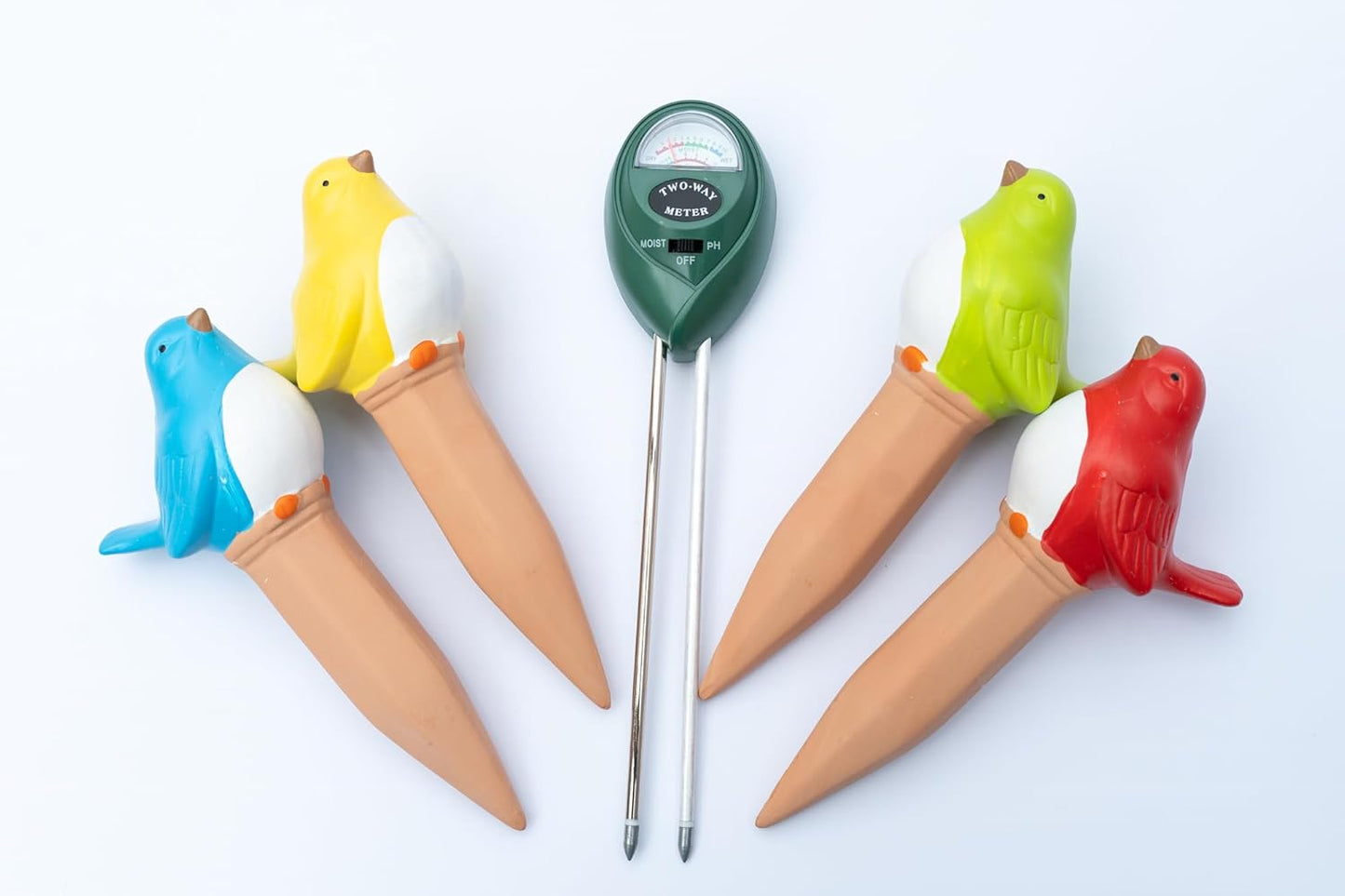 Plant Watering Devices, Plant Waterer Self Watering Terracotta Bird Spikes Automatically Water Indoor and Outdoor Plants While On Vacation (4pc) Plus Free Moisture and pH Sensor