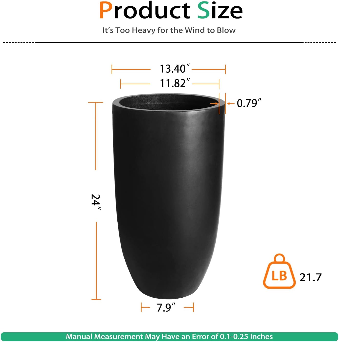 Tall Planters for Outdoor Plants, Large Concrete Flower Pots for Garden Front Porch, Patio, Indoor (Black, 24 inch)