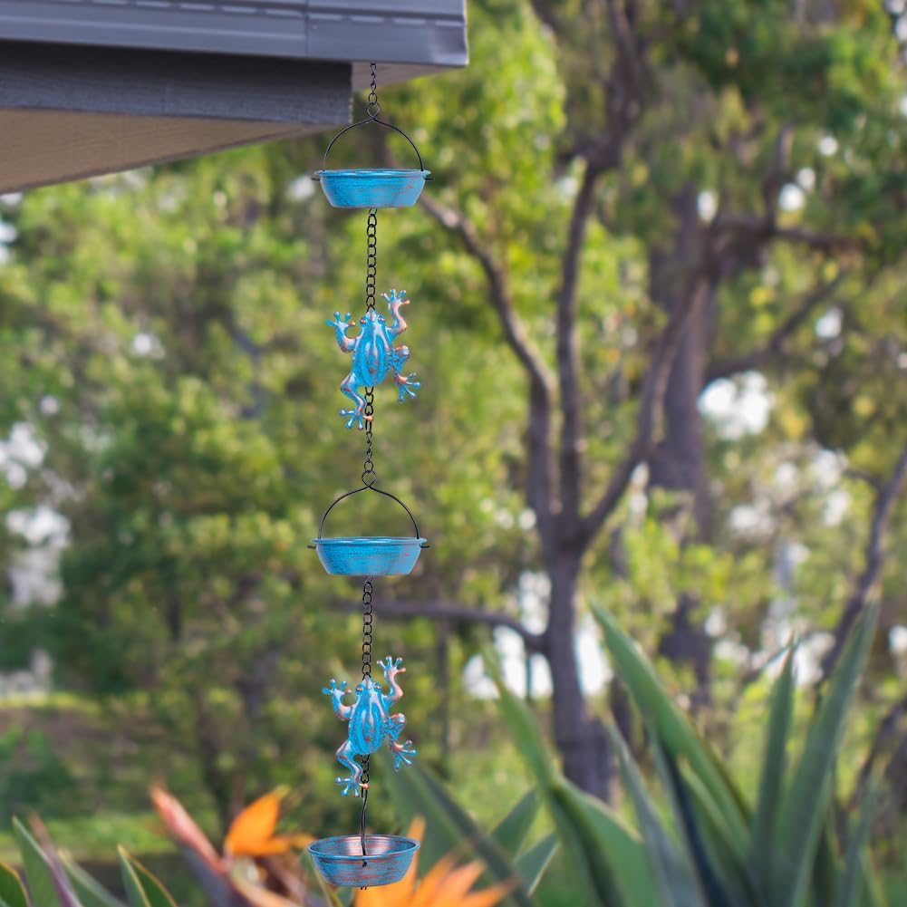 Rain Chain, 11.4FT Frog Rain Chains with 12 Cups, Functional and Decorative Replacement Downspout Rain Chains for Outside