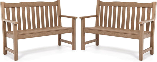 Outdoor Benches Set of 2, 2-Person Poly Lumber Garden Bench, Never Rot or Fade, Looks Like Real Wood, Teak