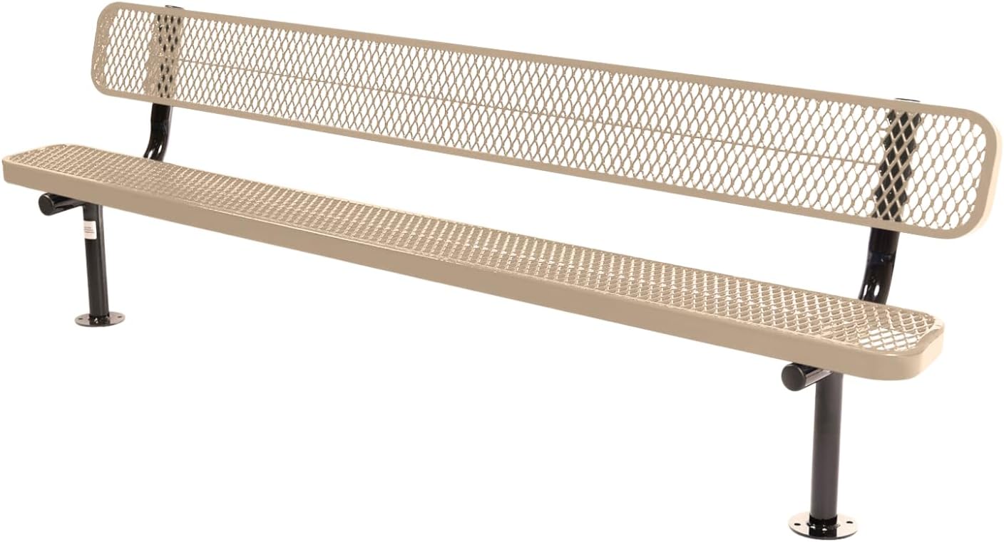 Coated Outdoor Furniture Heavy-Duty Outdoor Bench Thermoplastic Coated, Expanded Metal, Commercial-Grade Seating, Made in America (Surface with Back, 8 Ft, Tan)
