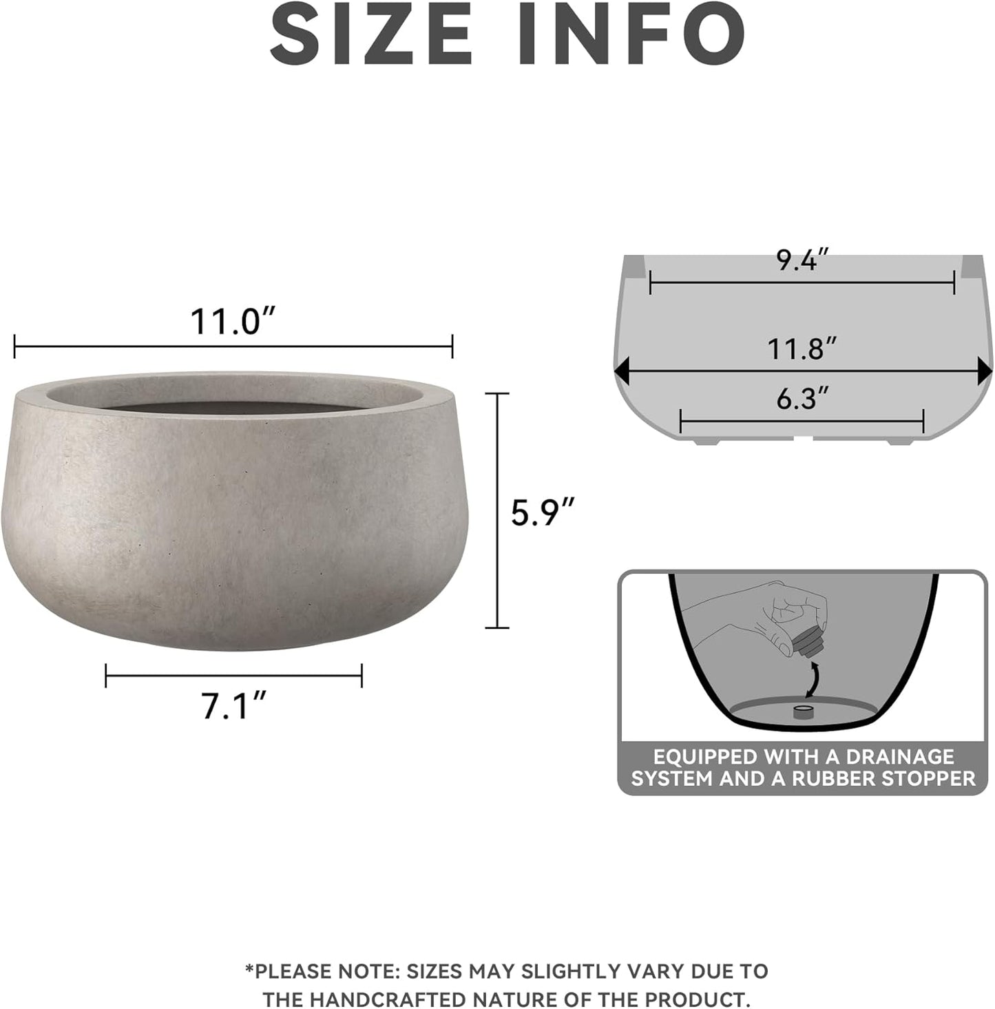 Kante 11.8" Dia Round Concrete Planter, Cement Plant Pots with Drainage Hole and Rubber Plug for Outdoor Indoor Garden Home, Modern Curvaceous Design, Weathered Concrete