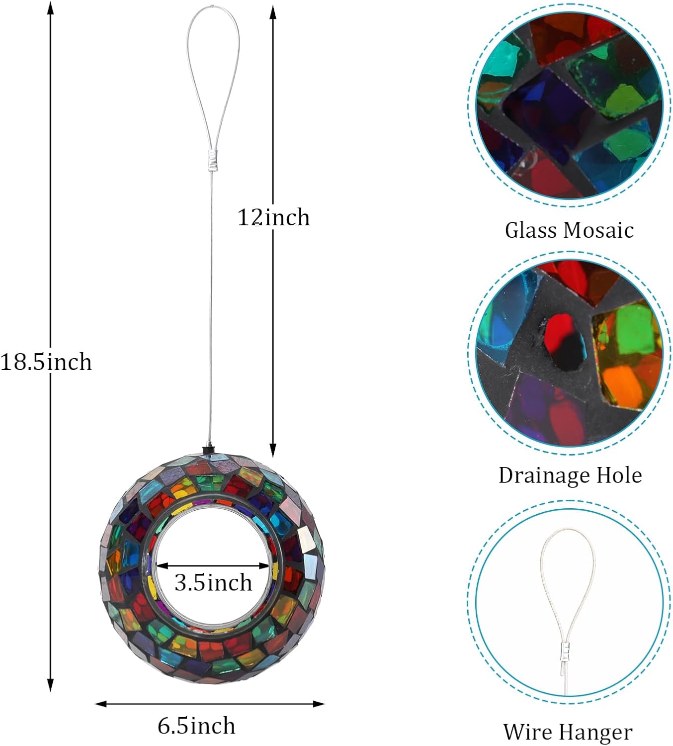 Yinns Mosaic Bird Feeder, Hanging Glass Birds Feeder, Fly Through Bird Feeder with Oval Stained Glass, Outdoor Garden Decor, 6.5 inch Purple