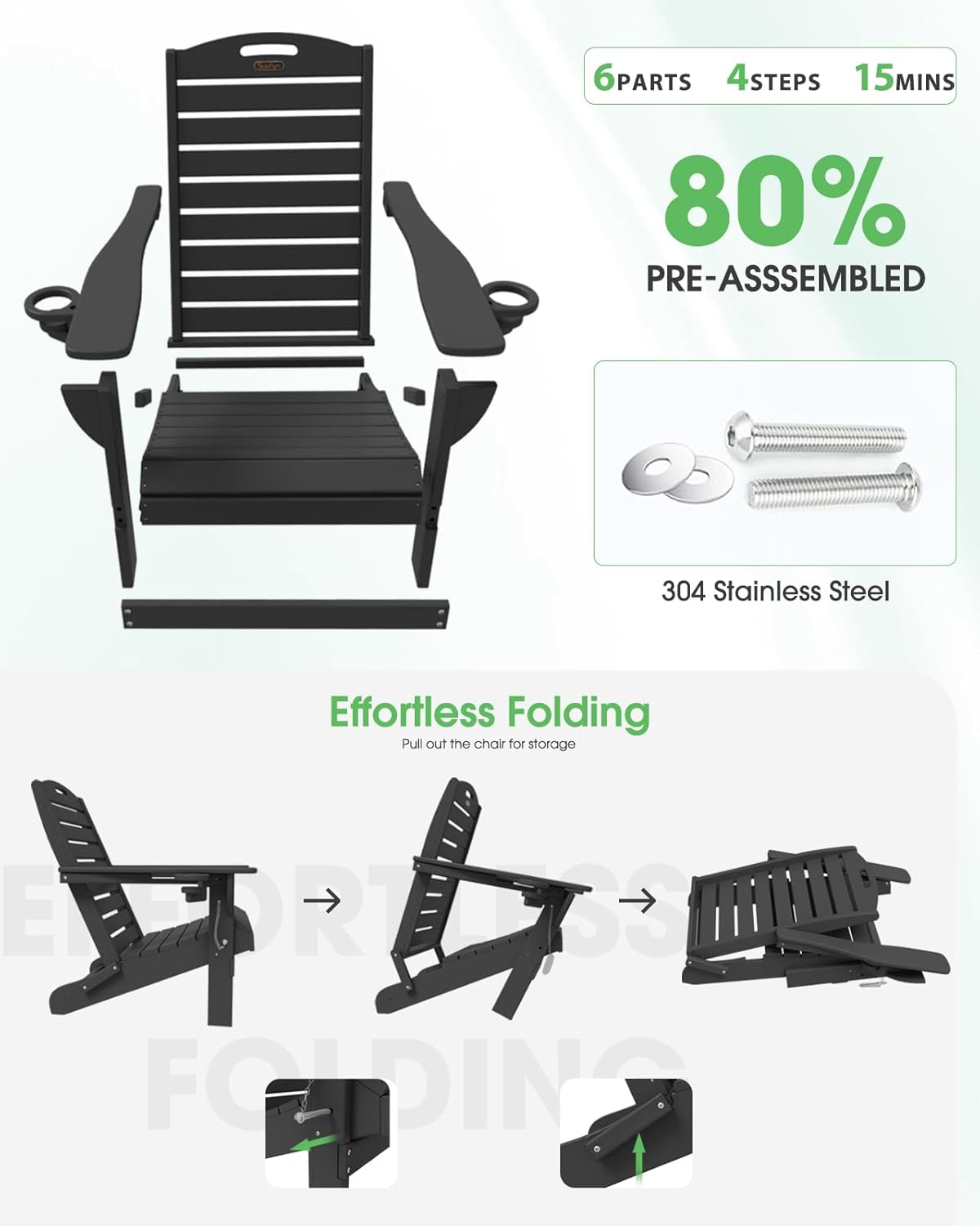 Adirondack Chairs Set of 4, Outdoor Fire Pit Chairs, HDPE All-Weather Adirondack Chairs with Cup Holder, Lawn Chair for Deck, Patio, Garden (Black)