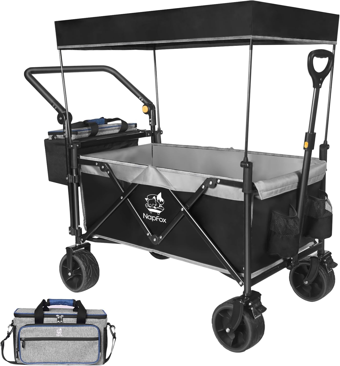 Collapsible Wagon Foldable Wagon Cart with Removable Canopy, Adjustable Push Pulling Handles,Cooler Bag Utility Carts for Shopping, Picnic, Camping,Black Grey