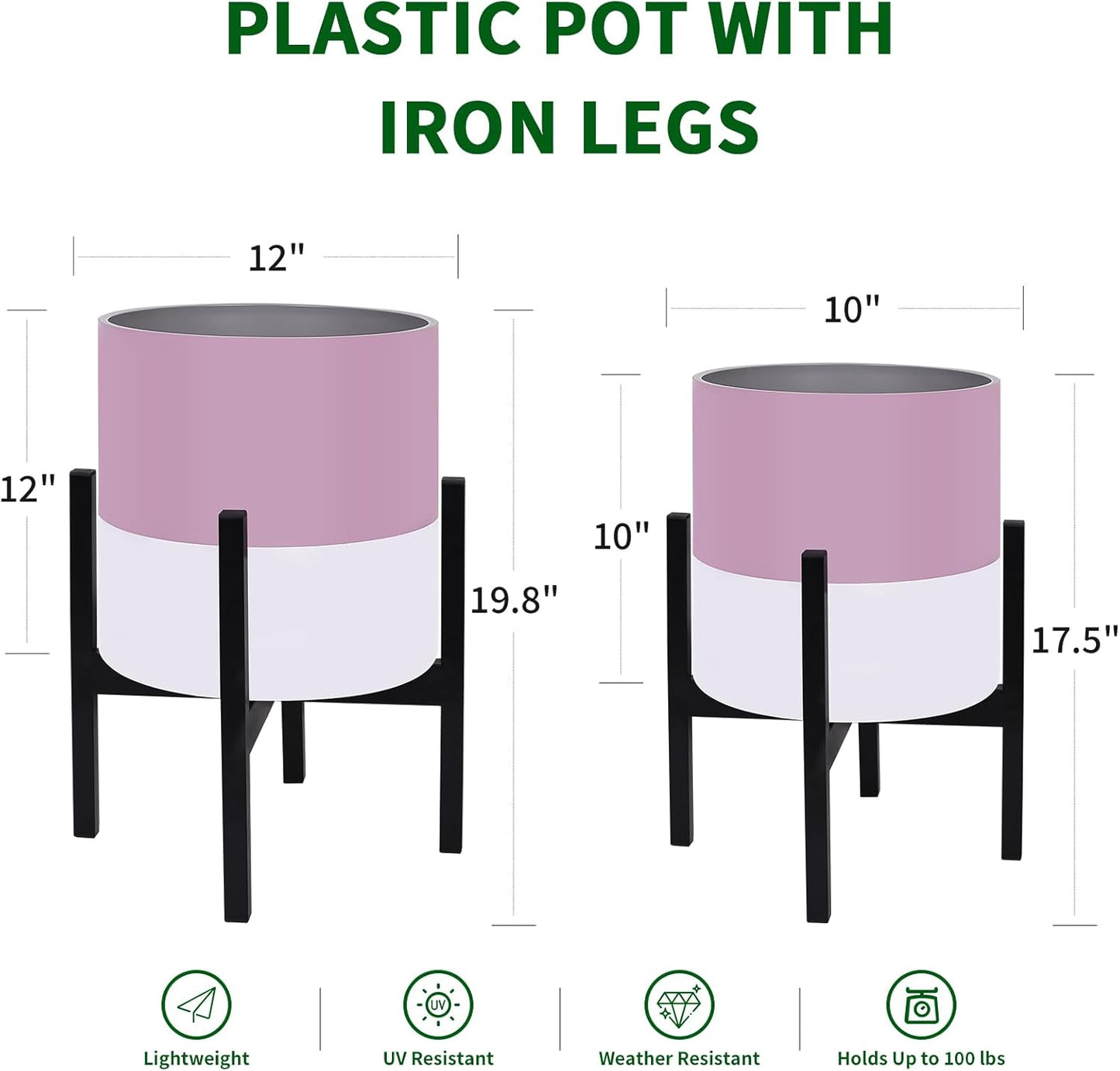 Planter with Stand Set of 2, Modern Plant Pots with Metal Legs Indoor,Flower Pots with Drainage Holes Matching Decorative Garden Pot for Living Room, Office, Garden, or Balcony 10 & 12 Inches