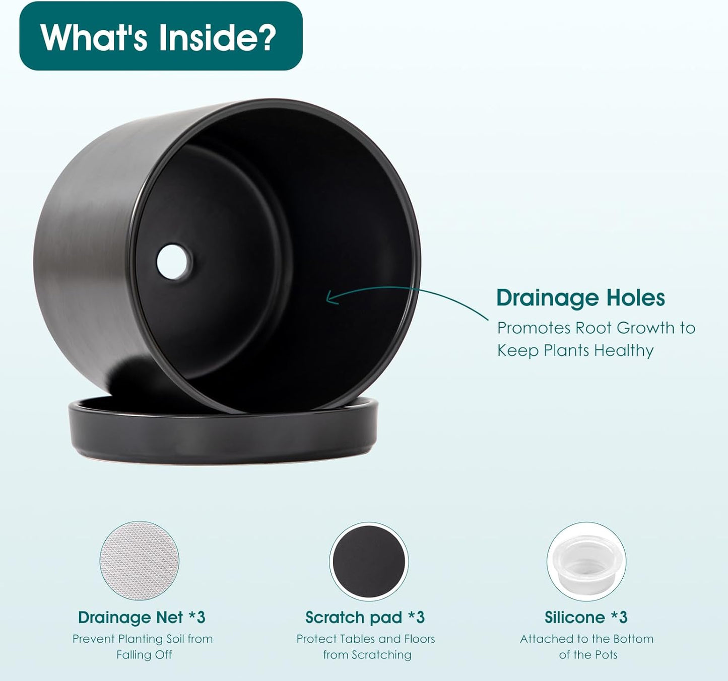 vancasso Ceramic Planters, Plant Pots for Indoor Plants, 6.25+8.25+10.25 Inch Ceramic Pots for Plants, Flower Pots with Drainage Holes (Black, 6.25+8.25+10.25 Inch)