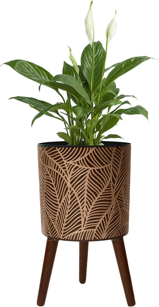 12inch Black Plant Pots for Indoor Plants Large Boho Flower Pot with Stand Modern Planters with Gold Floral Embossed Standing Planter with Drainage for Living Room, Office, Garden or Balcony