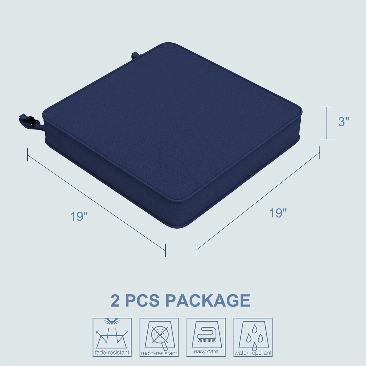 LVTXIII Patio Chair Cushions 19"x19"x3", Water-Repellent Outdoor Seat Cushions for Patio Furniture, Square Chair Pads with Ties for Home Garden Decoration, Set of 2, Navy Blue