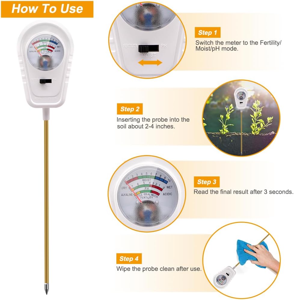 Soil Test Kit 3-in-1, Soil Moisture Meter, Soil PH Meter, Fertility Soil Tester, Soil Tester for Garden, Lawn, Farm, Outdoor & Indoor Use (Snow White)