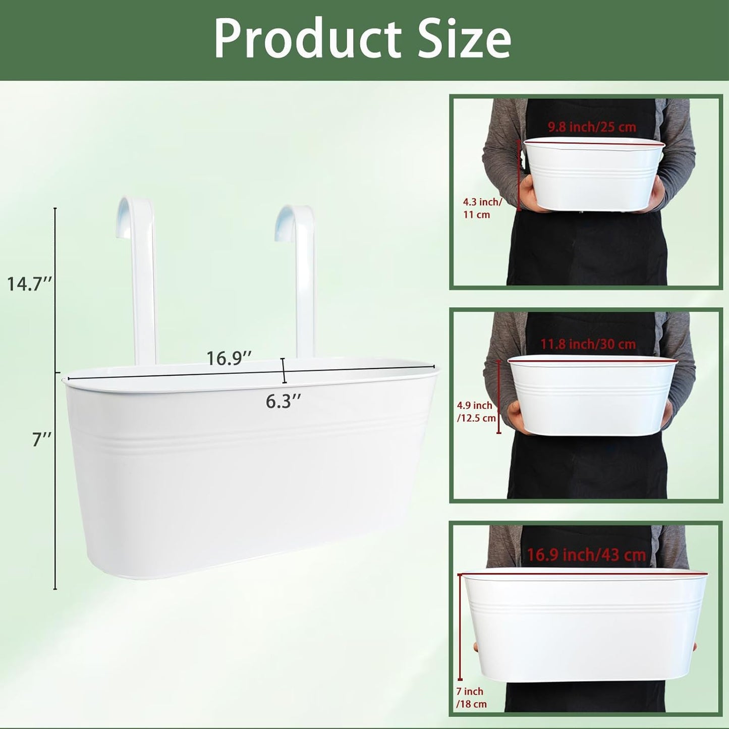 Hanging Planters for Outdoor Plants, 17" Railing Planter Pots, Metal Fence Flower Pot for Porch Balcony with Detachable Hook (White, Pack of 2)