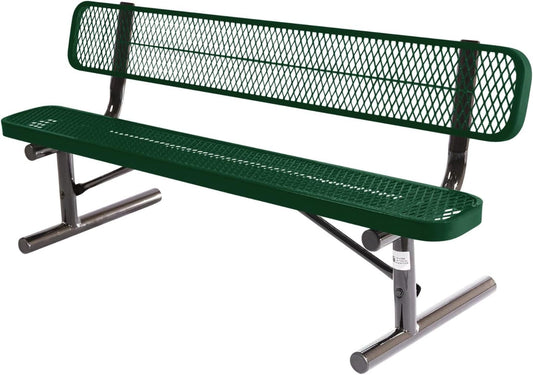 Coated Outdoor Furniture Heavy-Duty Portable Outdoor Bench Thermoplastic Coated, Expanded Metal, Commercial-Grade Seating, Made in America (Portable with Back, 6 Ft, Green)