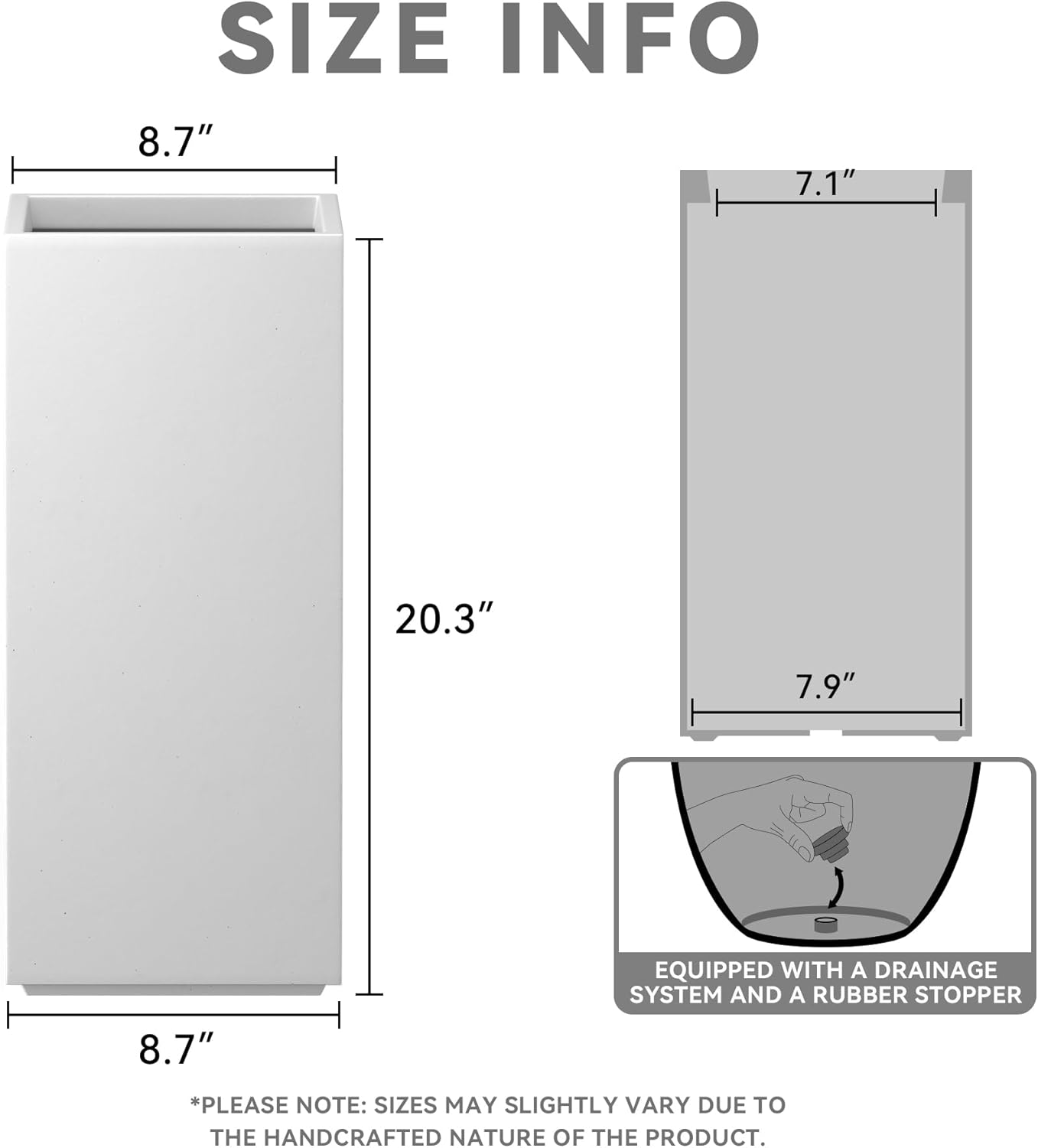 Kante 20.3" H Tall Rectangular Concrete Planter, Modern Square Diameter Plant Pot with Drainage Hole and Rubber Plug for Indoor Outdoor Home Patio Garden, Pure White