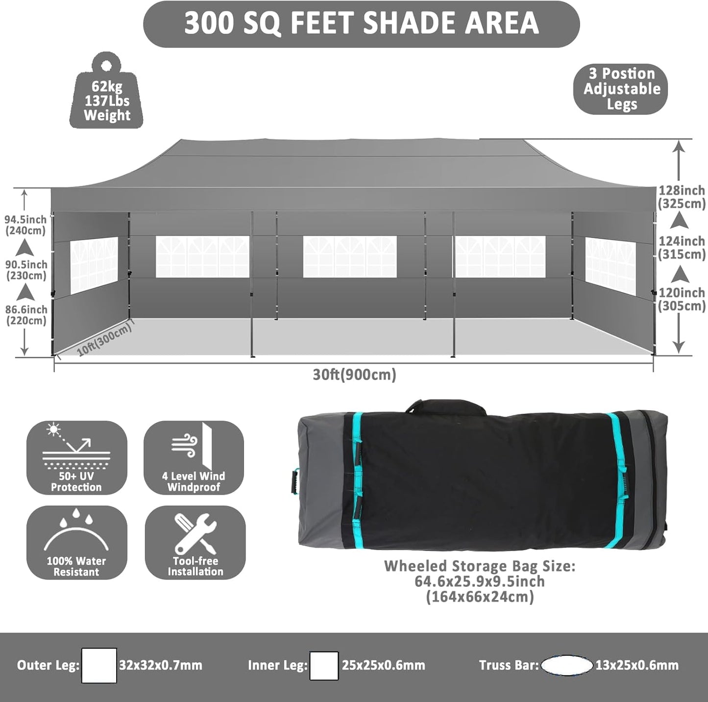 COBIZI 10x30 Pop Up Canopy with 8 Sidewall,Heavy Duty UPF 50+ All Season Wind Waterproof Commercial Outdoor Wedding Party Tents for Parties Canopy Gazebo with Roller Bag(10 x 30 ft Gray)