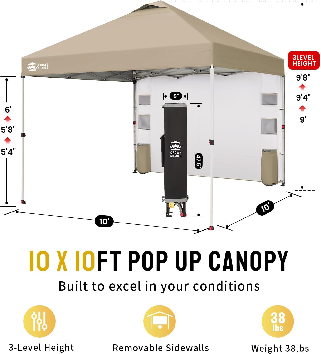 CROWN SHADES Canopy Tent 10x10 Pop Up Canopy Outdoor Shade with Pockets Sidewall, Easy Up Sun Shelter with One Person Set Up Center Lock, Portable Instant Camping Beach Canopy Tents, Beige