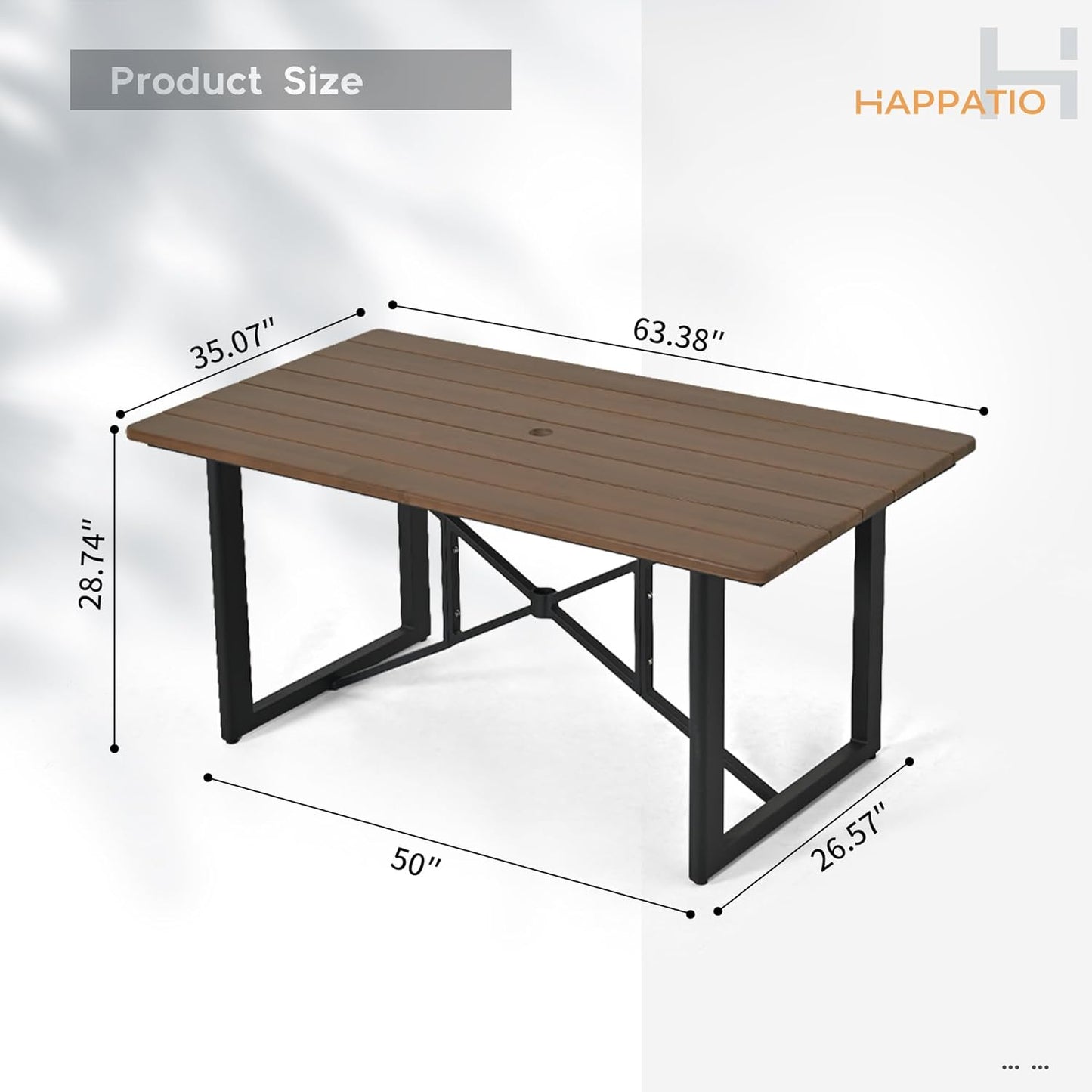HAPPATIO Outdoor Acacia Wood Dining Table, 6-Person Patio Dining Table with Powder-Coated Aluminum Frame, Rectangle Outdoor Dining Table with Umbrella Hole for Deck Yard Garden