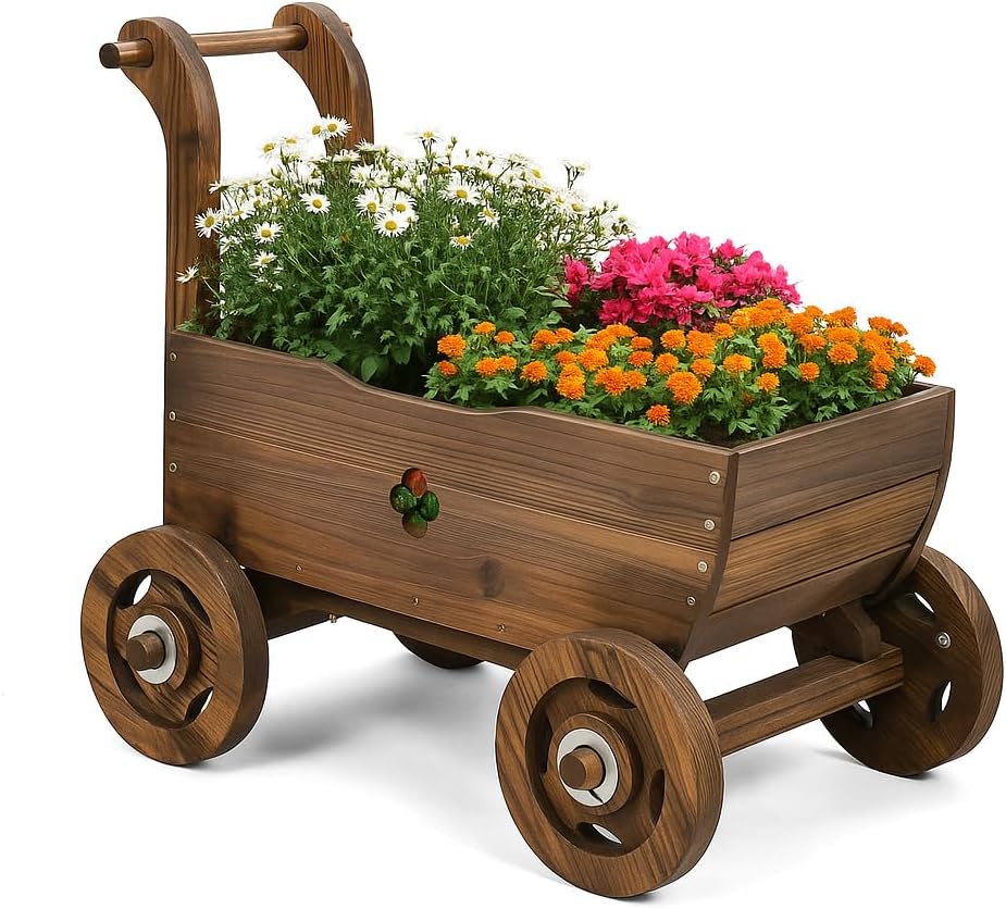 Tangkula Wooden Wagon Planter Box, Decorative Garden Planter w/Wheels, Handle, Drain Hole, Rustic Wooden Flower Cart for Indoor & Outdoor Decor for Patio, Garden, Balcony (27" L x 15" W x 21" H)
