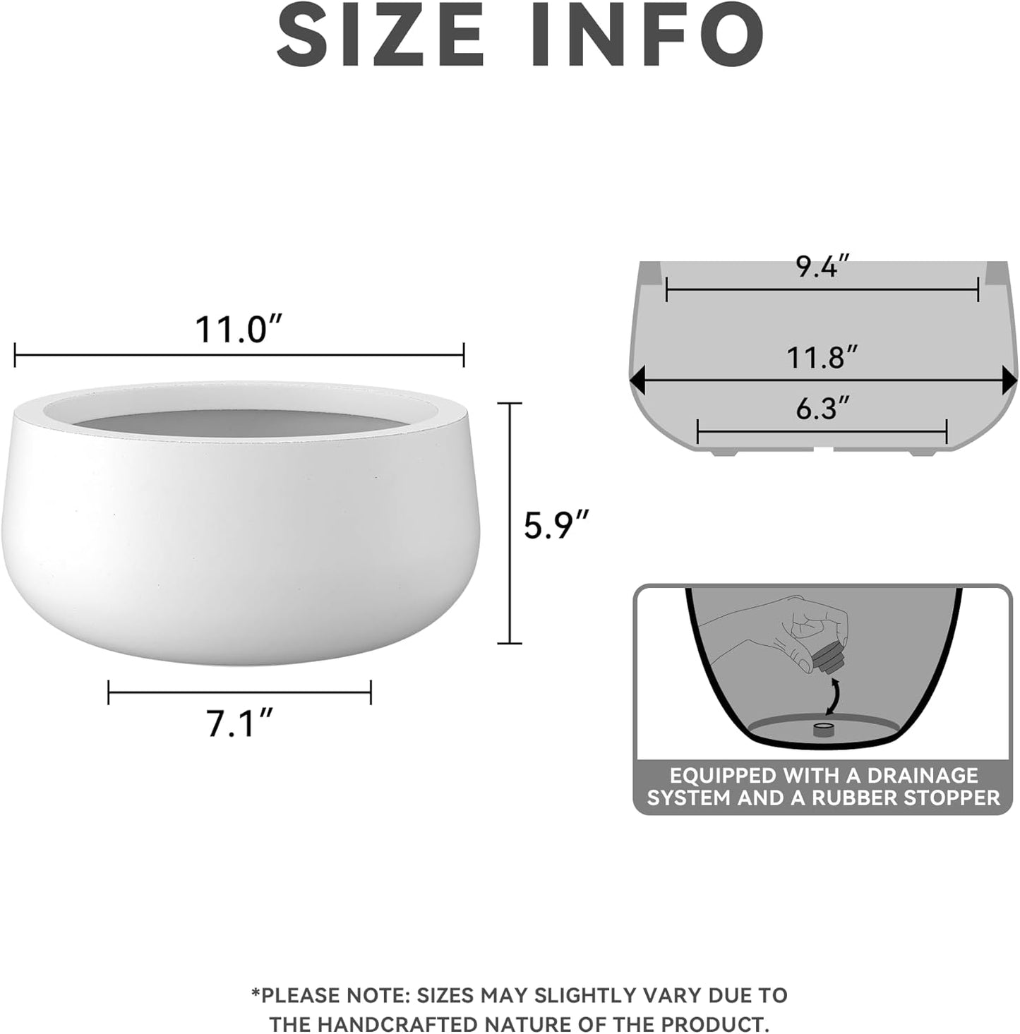 Kante 11.8" Dia Round Concrete Planter, Cement Plant Pots with Drainage Hole and Rubber Plug for Outdoor Indoor Garden Home, Modern Curvaceous Design, Pure White