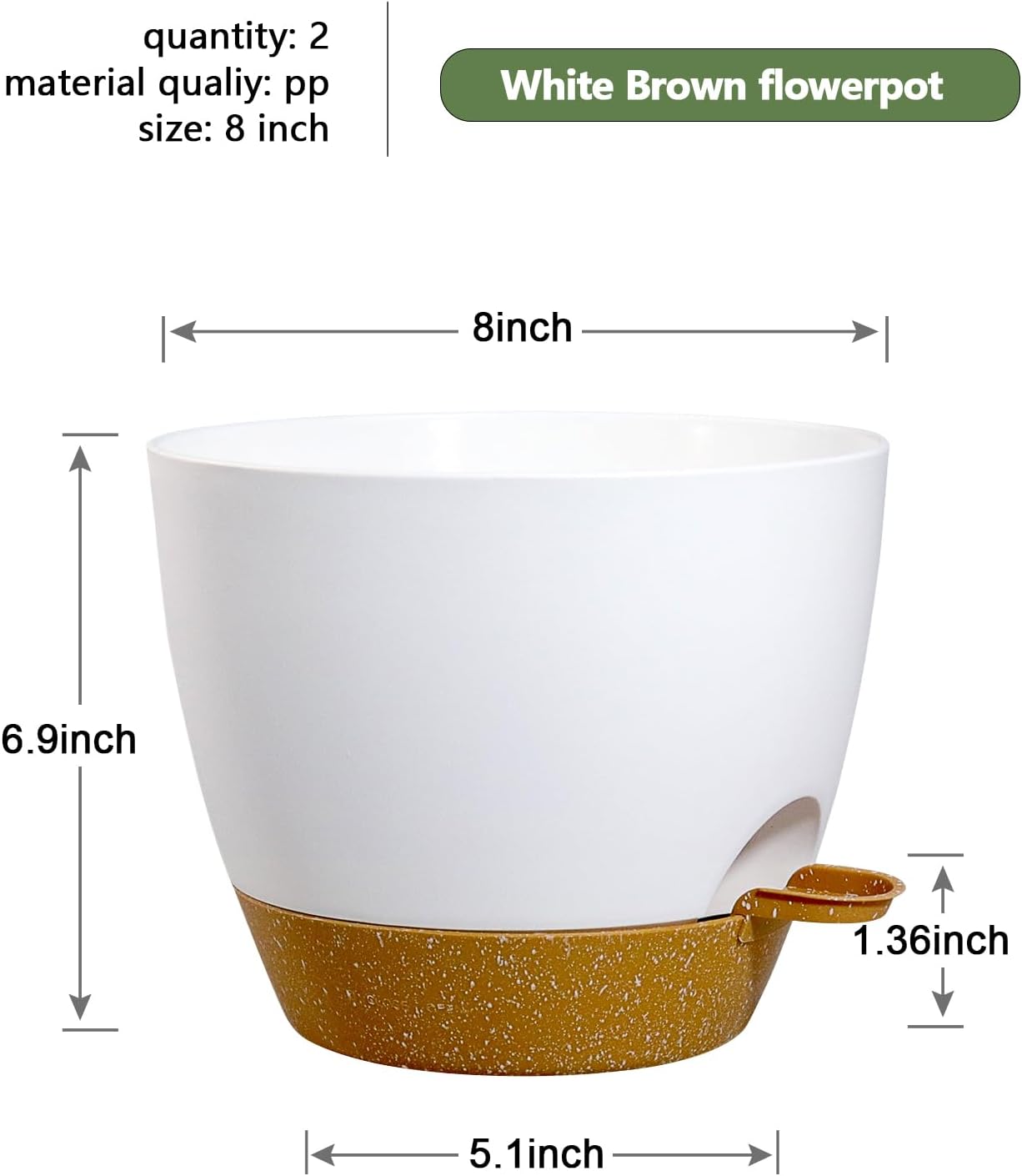 8 inch Self Watering Pots, 2 Pack Plastic Planters with Mesh Drainage Holes for Garden Plants and Flower, Plants Pots with Deep Reservoir for Indoor Outdoor Plants, White with Brown