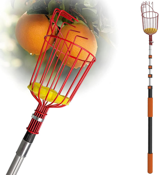26FT Reach Fruit Picker Pole, Telescopic Picking Pole with Gentle Grip Claw & Collapsible Basket, Adjustable Apple Picker Pole Tool for Avocado Orange Lemon Pear Mango