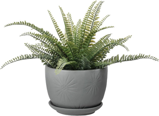 MyGift 7 Inch Grey Ceramic Plant Pot with Drainage Hole and Attached Saucer, Modern Decorative Embossed Sunburst Planter Container for Indoor Home Garden