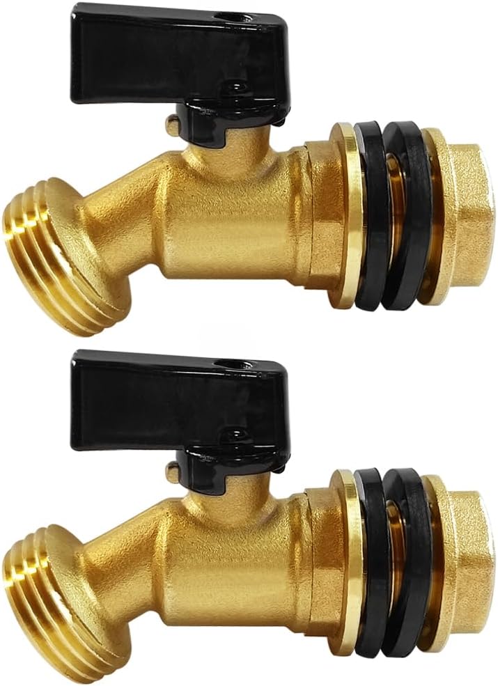 Brass Water Container Rain Barrel Faucets Spigot 3/4" G Male Thread Large Inlet to 3/4" GHT Male Thread Outlet with Quarter Turn Ball Valve Include Bulkhead Fitting and Washers 2PCS
