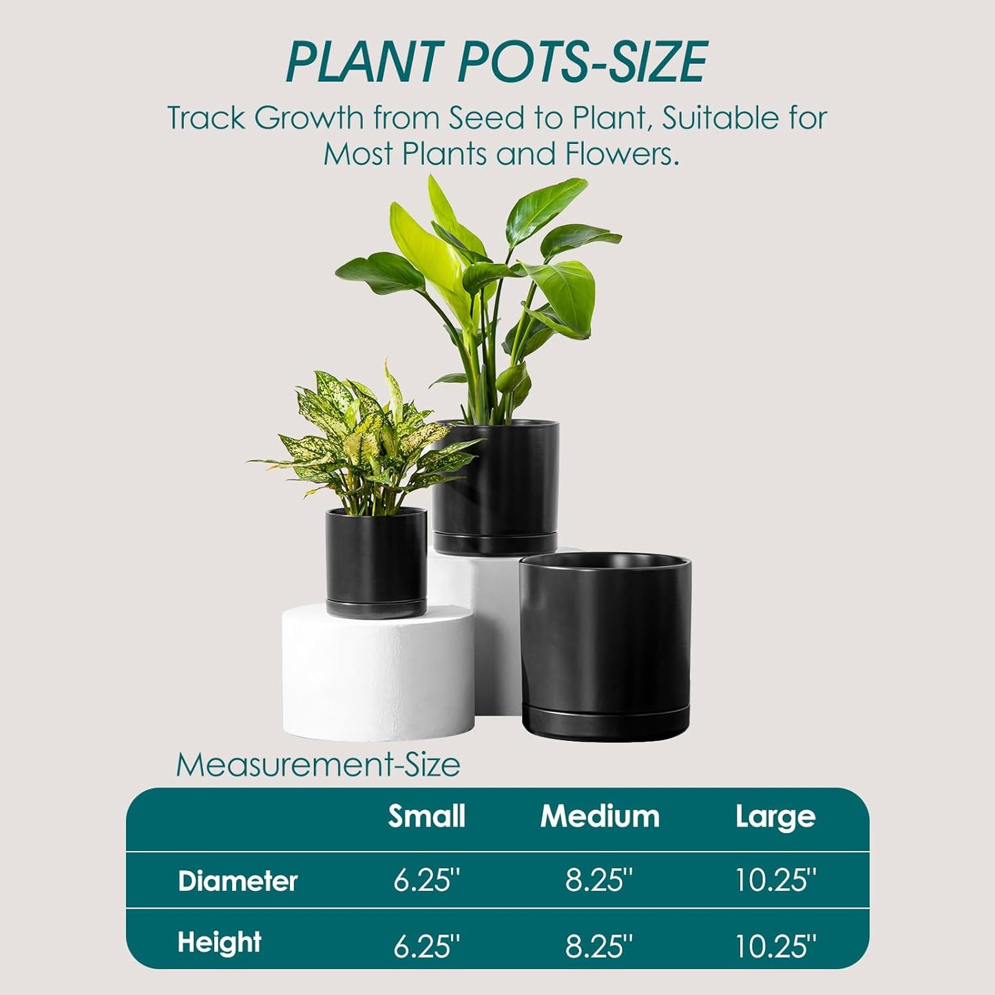 vancasso Ceramic Planters, Plant Pots for Indoor Plants, 6.25+8.25+10.25 Inch Ceramic Pots for Plants, Flower Pots with Drainage Holes (Black, 6.25+8.25+10.25 Inch)