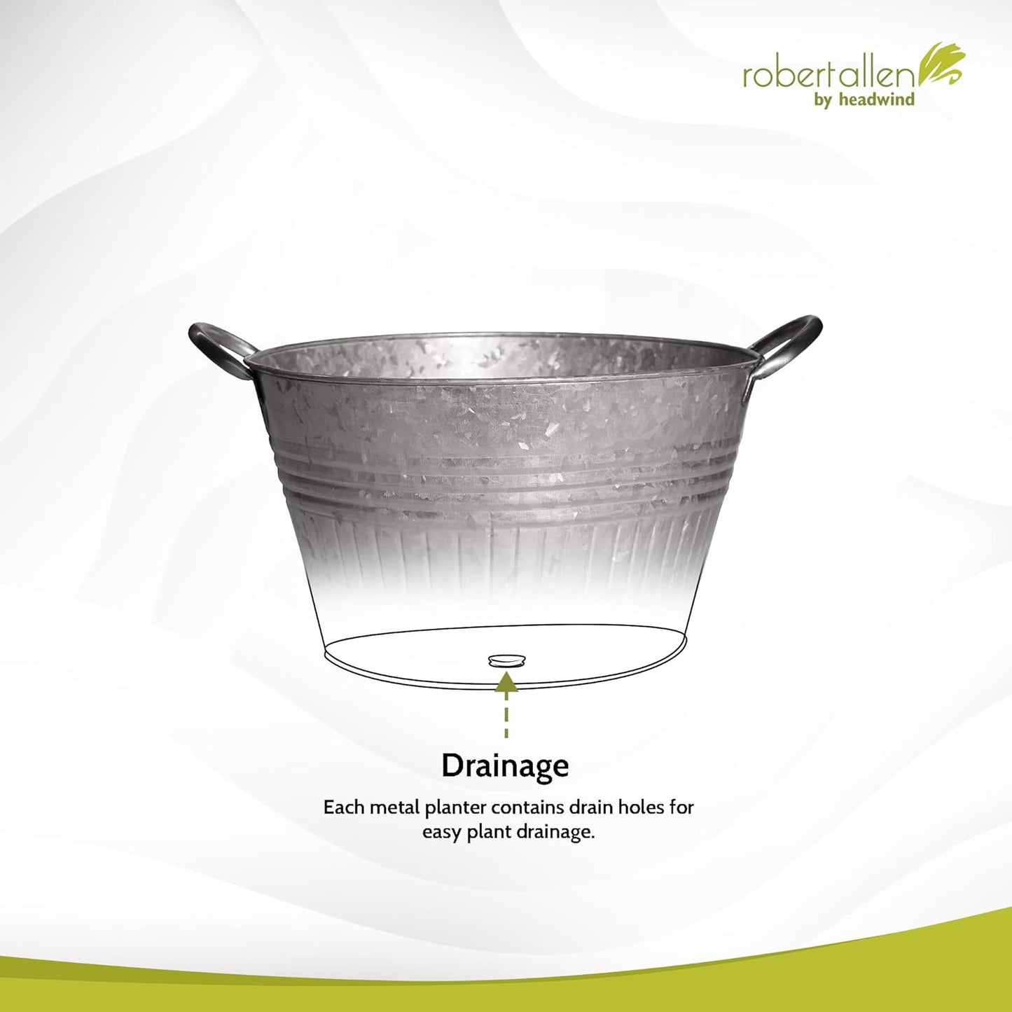 Headwind Round Galvanized Tub Planter with Handles – 16 Inch Lightweight Metal Planter with Drainage Hole – Galvanized Steel Tub for Plants - Metal Flower Pot by Robert Allen