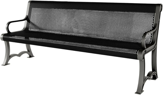 Coated Outdoor Furniture Heavy-Duty Outdoor Bench Thermoplastic Coated, Punched Steel, Commercial-Grade Garden Bench, Made in America (Portable with Back, 6 Ft, Textured Black)