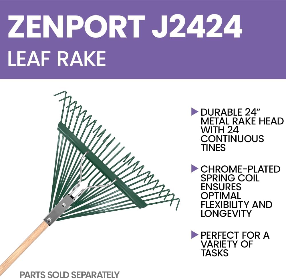 Zenport J2424 Leaf Rake with Deluxe Spring, 24-Tine, Rake Head Only, Green - 10 Pack