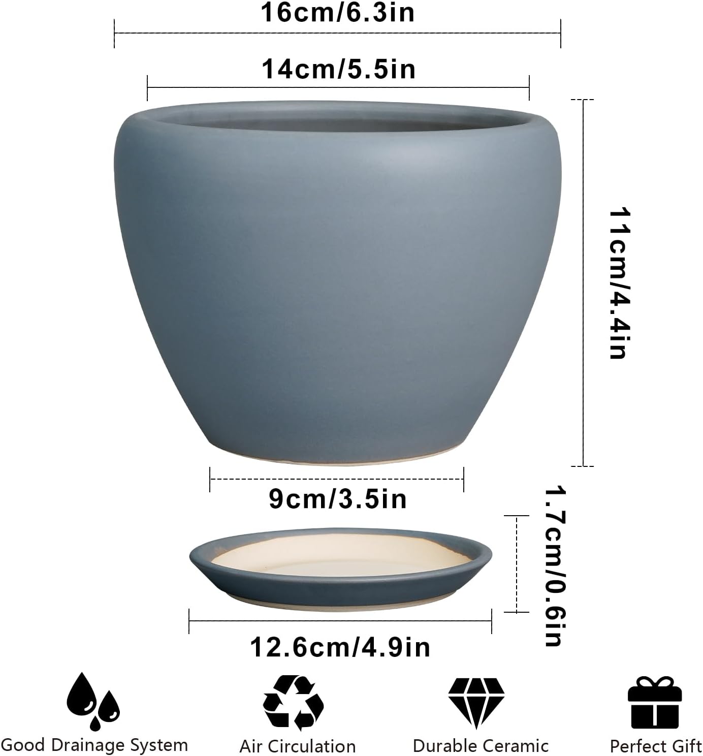 Ceramic Pot for Plants - 6 Inch Plant Pot Indoor with Drainage Hole and Saucer Decorative Planter for Outdoor Plants Modern Succulent Pots Round Flower Pots Gray