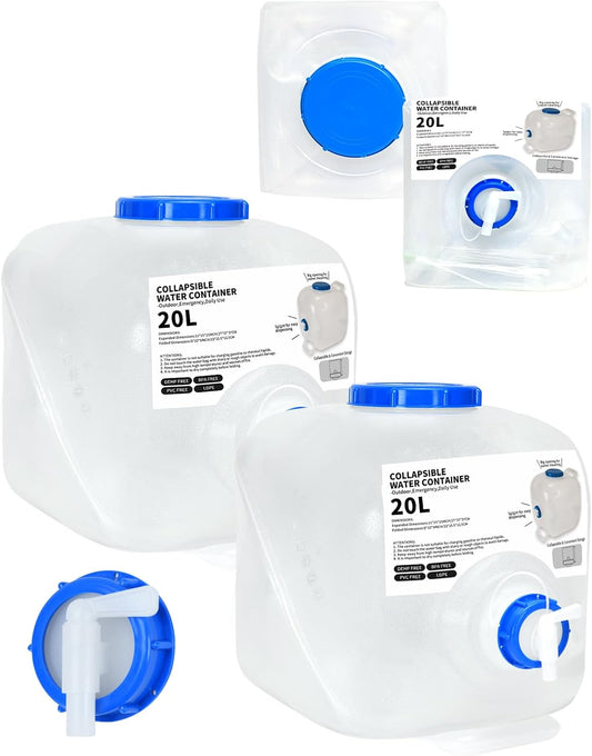 2 Pack 5.3 Gallon Collapsible Water Container Camping Water Container with Spigot,Portable Collapsible Water Jug Water Storage Containers for Outdoors Traveling Emergency,1 Extra Spigot Provided