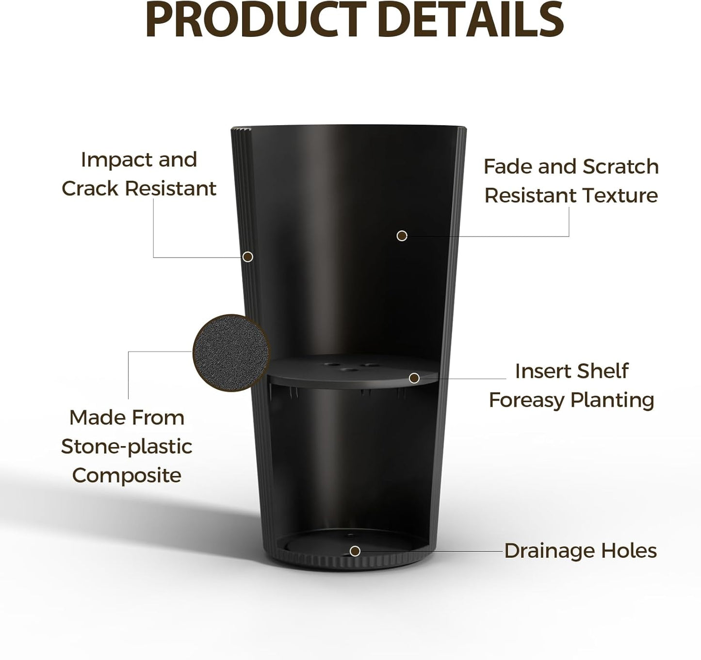 23.6" Tall Outdoor Planters, Set of 2 Large Plastic Flower Pots for Indoor & Outdoor Use, Modern Striped Decorative Garden Planters with Drainage Holes for Patio, Porch, Balcony, Black